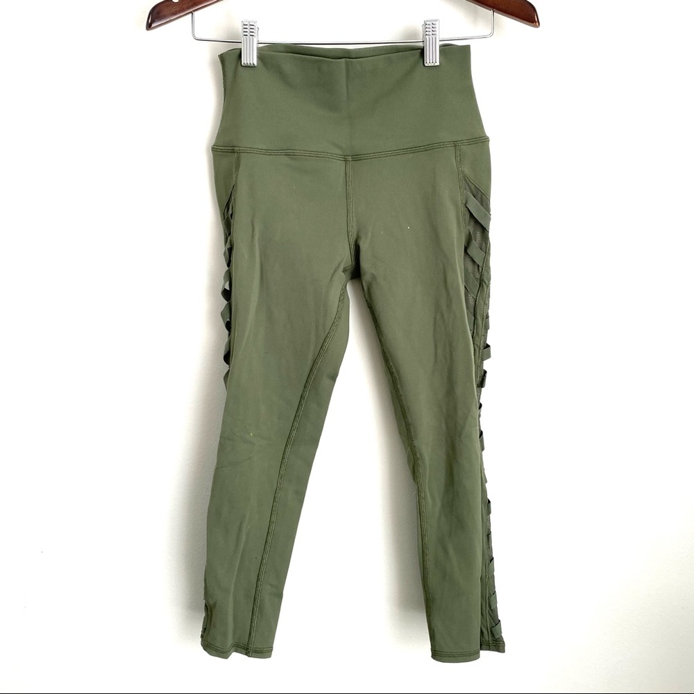 ALO YOGA Womens Small Olive Green High Waist Sheer Side Cropped 21.5" Leggings
